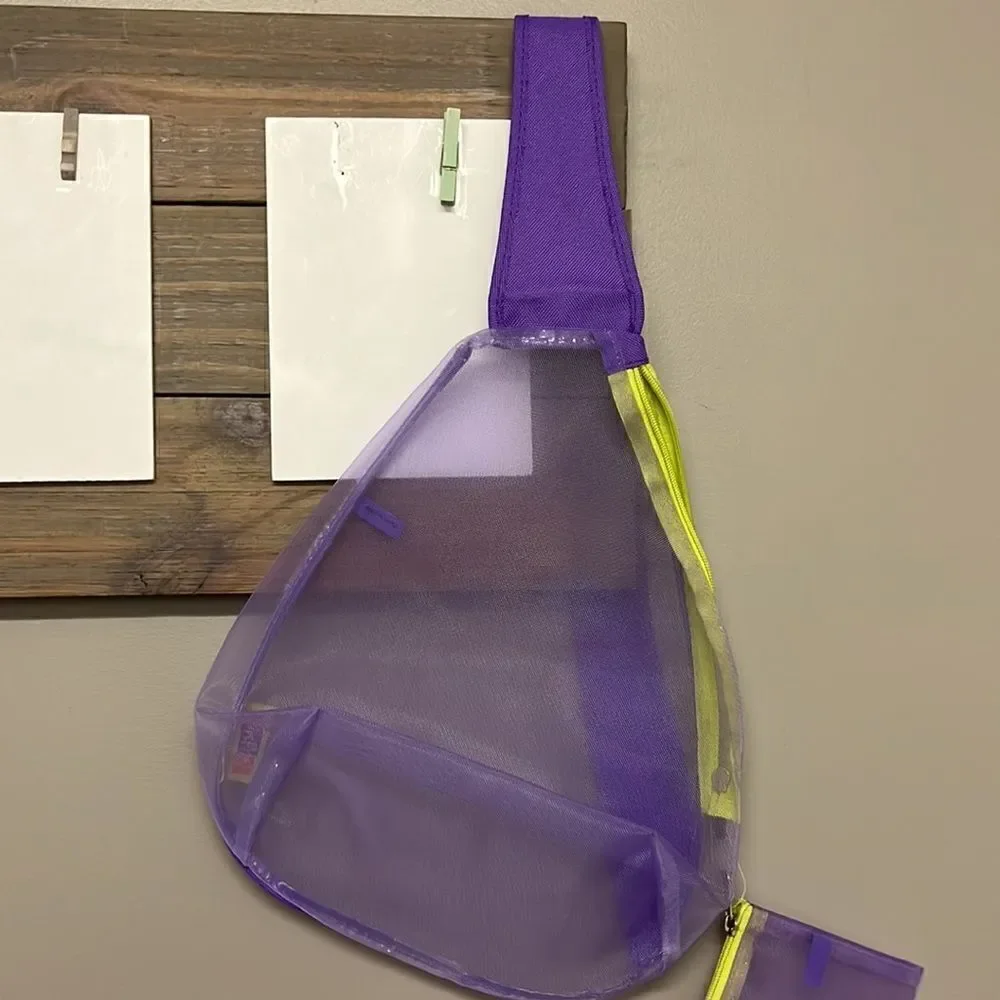 Girlfitti Purple Mesh Velcro Adjustable Body Bag w/ Mesh Wallet & Yellow Zippers